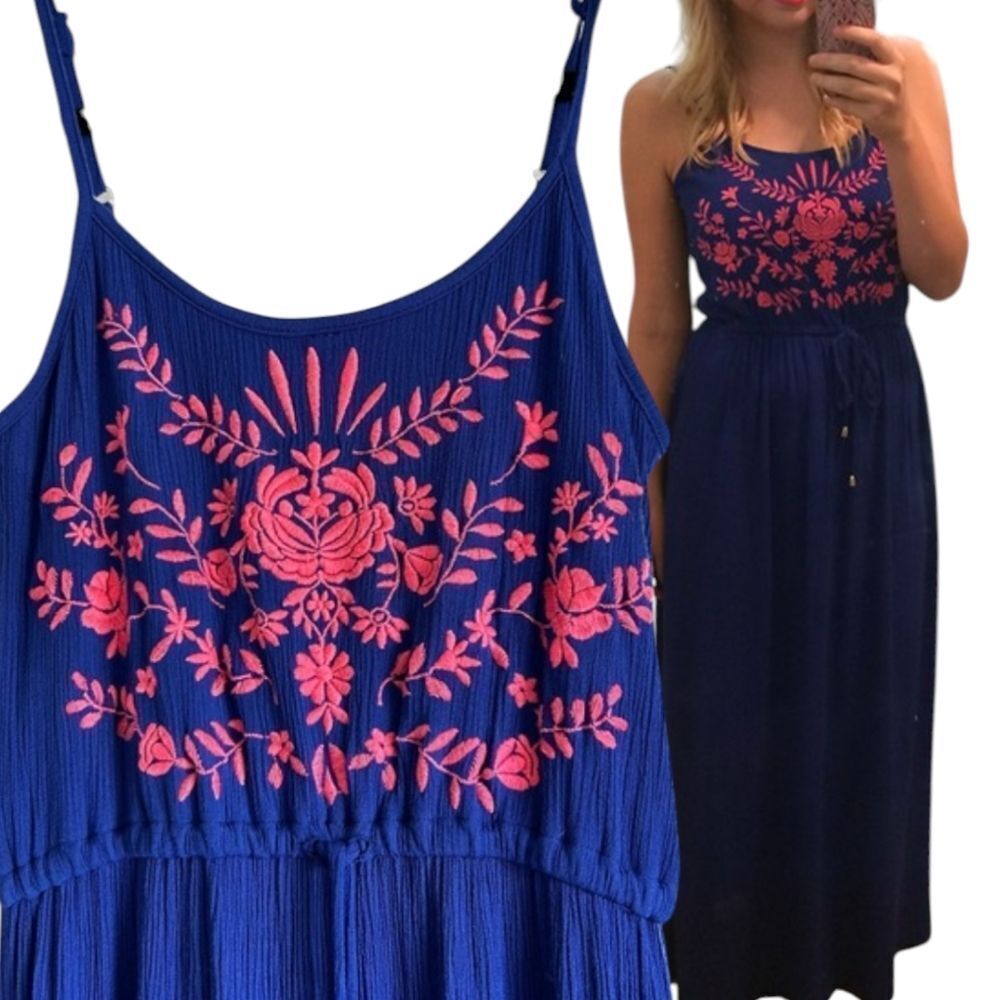 Love On A Hanger Cobalt Blue Maxi Dress With Embroidery S Rayon